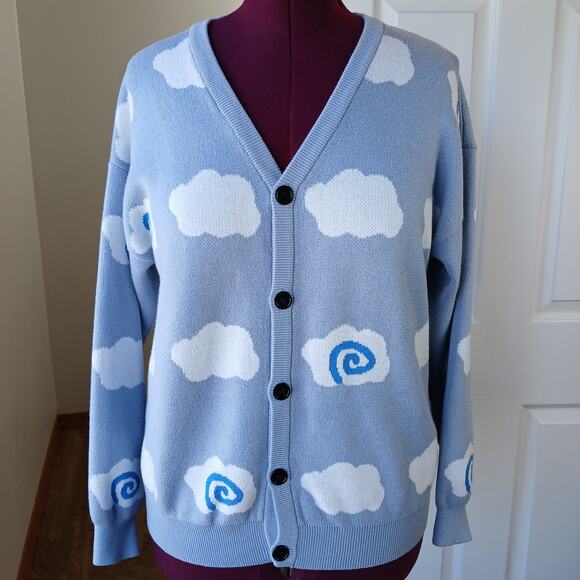 Puffy Little Clouds Cardigan Sweater M / L V-neck button front light blue swirls - Picture 6 of 13